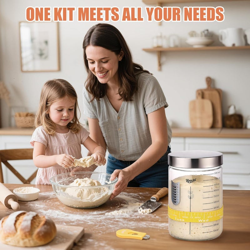 Koackl Sourdough Starter Jar, 40oz Sourdough Starter Kit with Magnetic Bread Lame, Thermometer, Long Scraper, Cloth Cover & Lid for Sourdough Bread Baking Supplies, Yellow - Image 3
